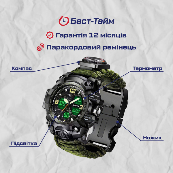 Чоловічий тактичний годинник Besta Life Pro 1435 з компасом, LED-лампою та підсвічуванням — фото 5