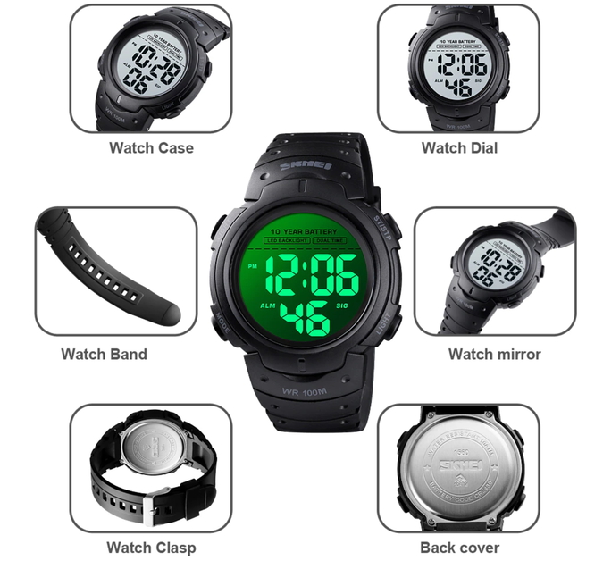 Чоловічий годинник Skmei Neon 10 Bar Black 1134, чорний, 10 атм — фото 9