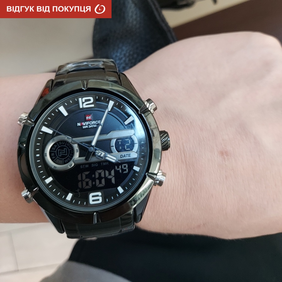 Чоловічий годинник Naviforce Aviator 2066 зі сталевим браслетом, чорний — фото 7