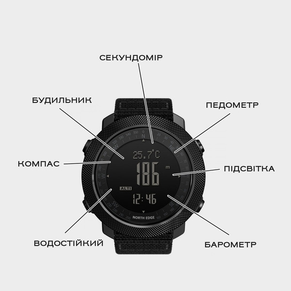 Чоловічий тактичний годинник North Edge Apache Rubber з компасом, чорний — фото 5