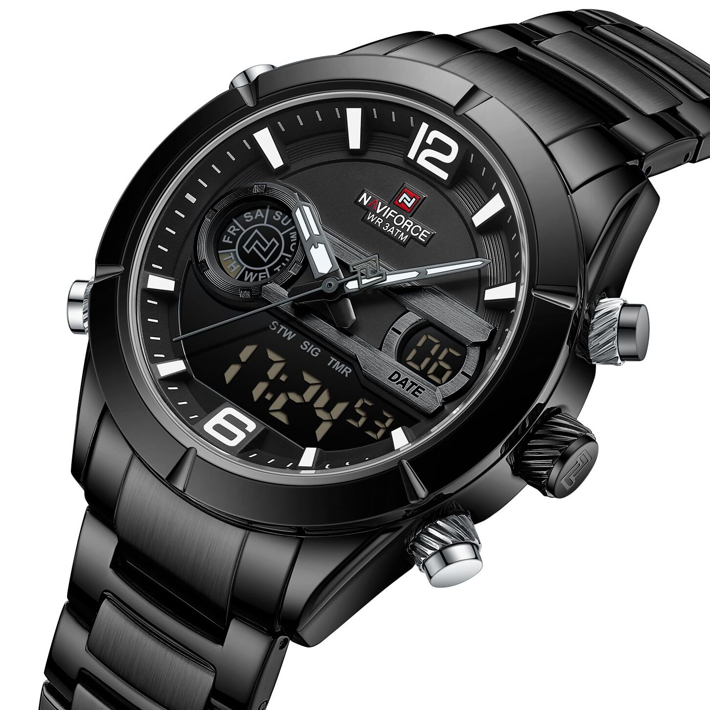 Чоловічий годинник Naviforce Aviator 2066 зі сталевим браслетом, чорний — фото 1