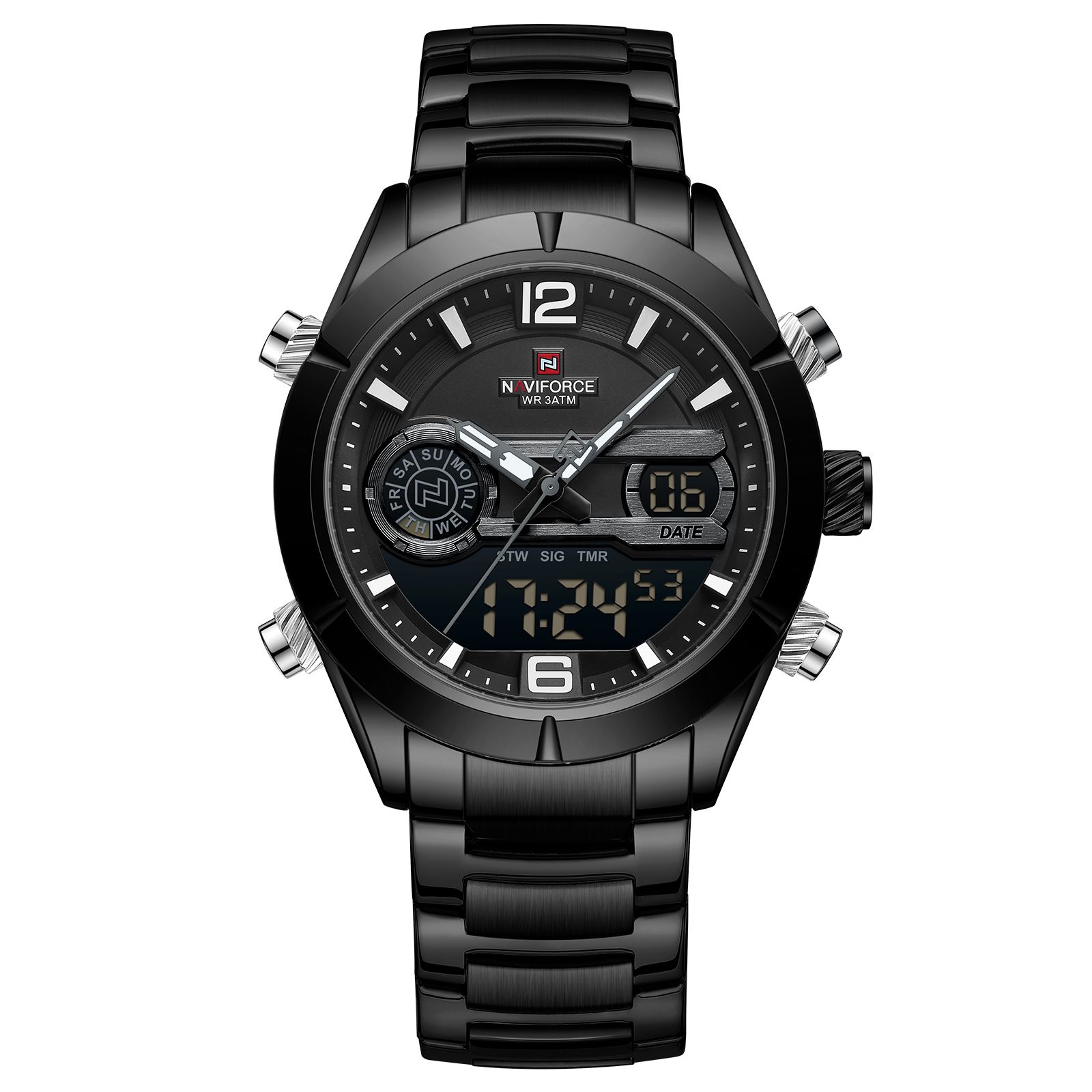 Чоловічий годинник Naviforce Aviator 2066 зі сталевим браслетом, чорний — фото 2