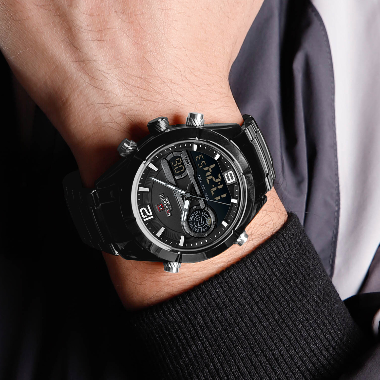 Чоловічий годинник Naviforce Aviator 2066 зі сталевим браслетом, чорний — фото 3