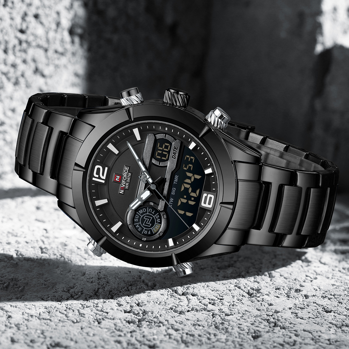 Чоловічий годинник Naviforce Aviator 2066 зі сталевим браслетом, чорний — фото 4