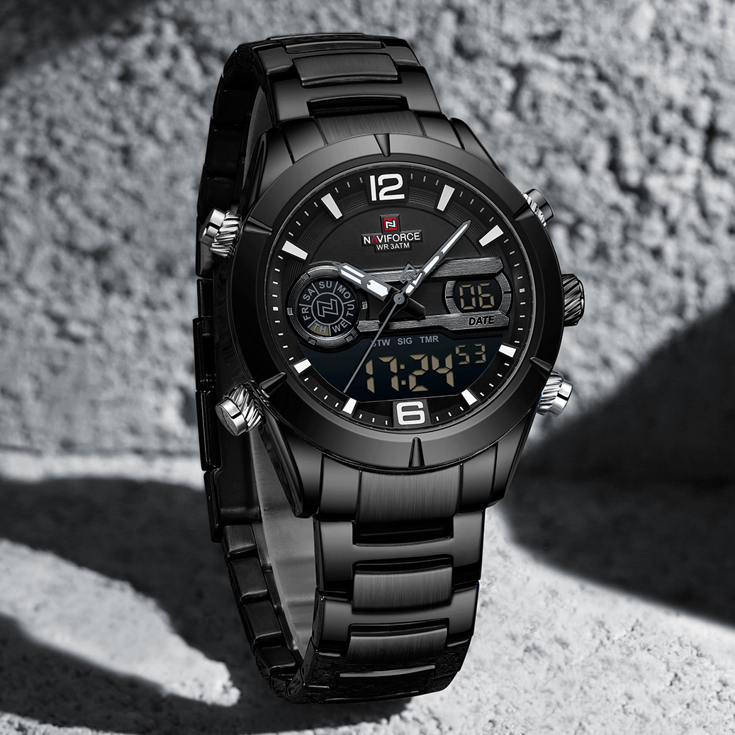 Чоловічий годинник Naviforce Aviator 2066 зі сталевим браслетом, чорний — фото 5