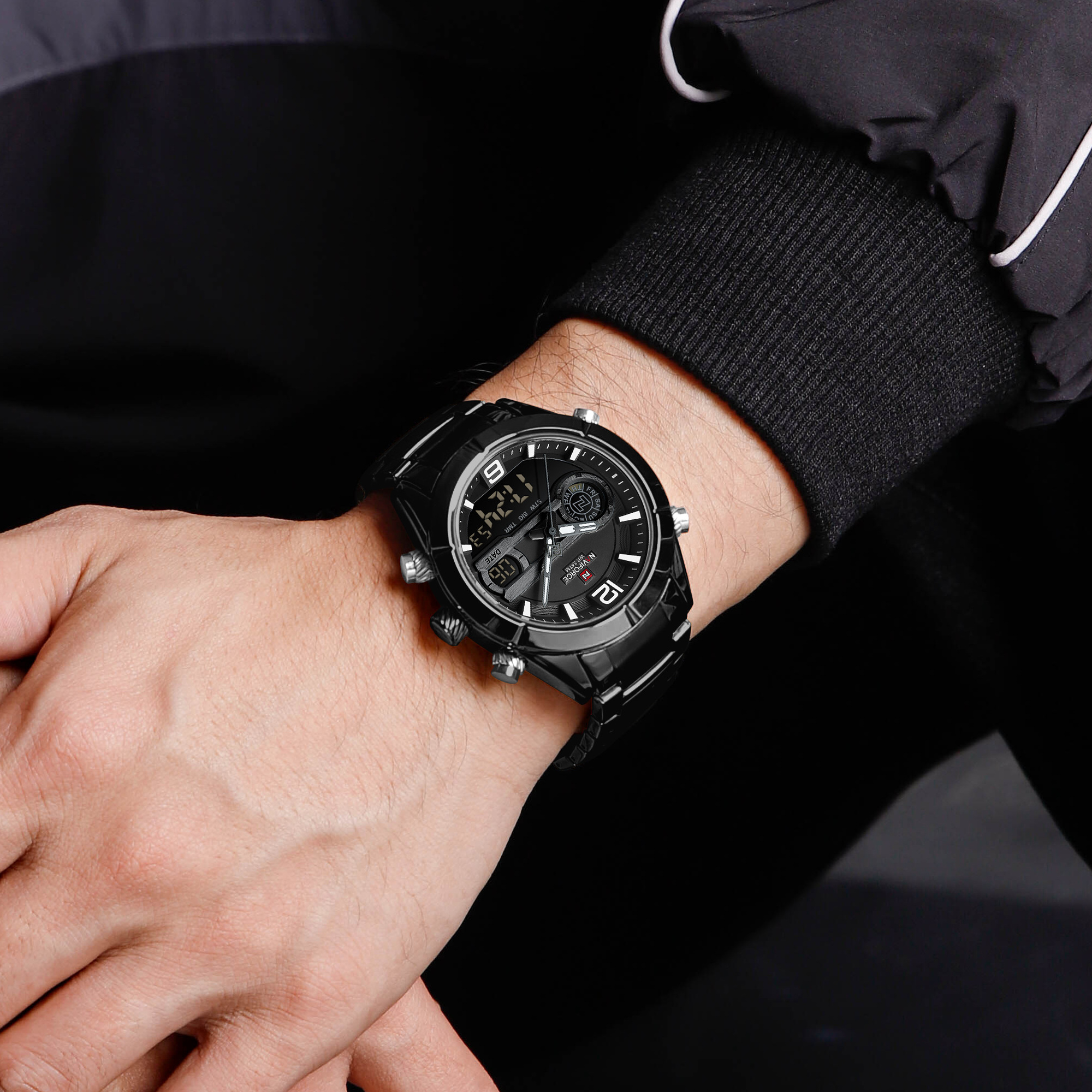 Чоловічий годинник Naviforce Aviator 2066 зі сталевим браслетом, чорний — фото 6