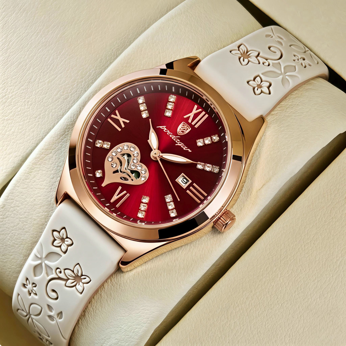 Жіночий годинник Poedagar Present Beige Flower 2384 з 2 ремінцями, бордовий циферблат — фото 2