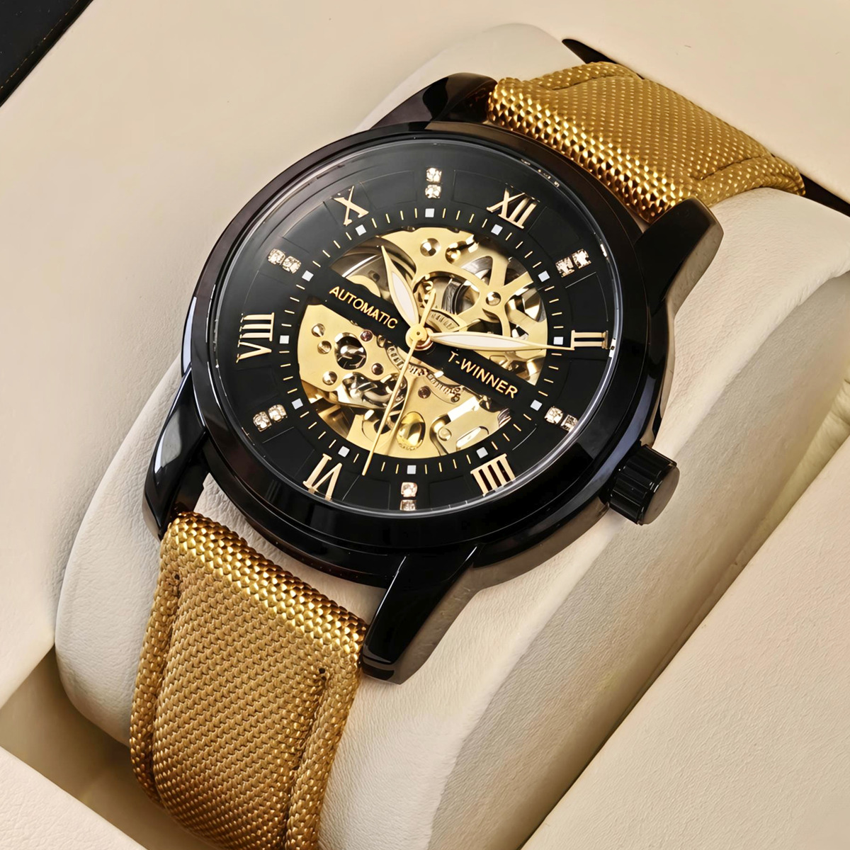 Чоловічий годинник Winner Triumph Sahara Gold 2391 з автозаводом і 2 ремінцями — фото 7
