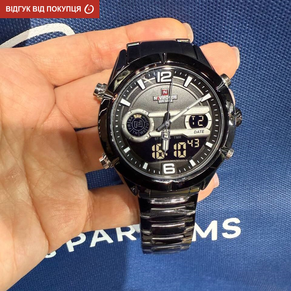 Чоловічий годинник Naviforce Aviator 2066 зі сталевим браслетом, чорний — фото 9