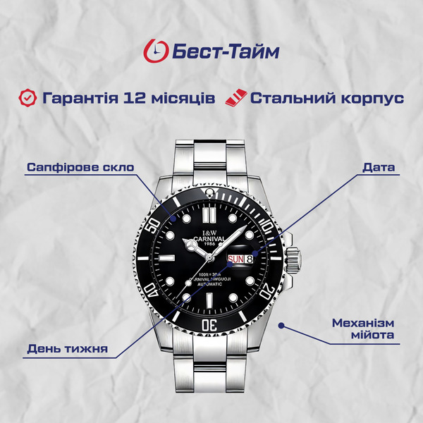 Чоловічий механічний годинник Carnival Patent 8791 із сапфіровим склом — фото 5