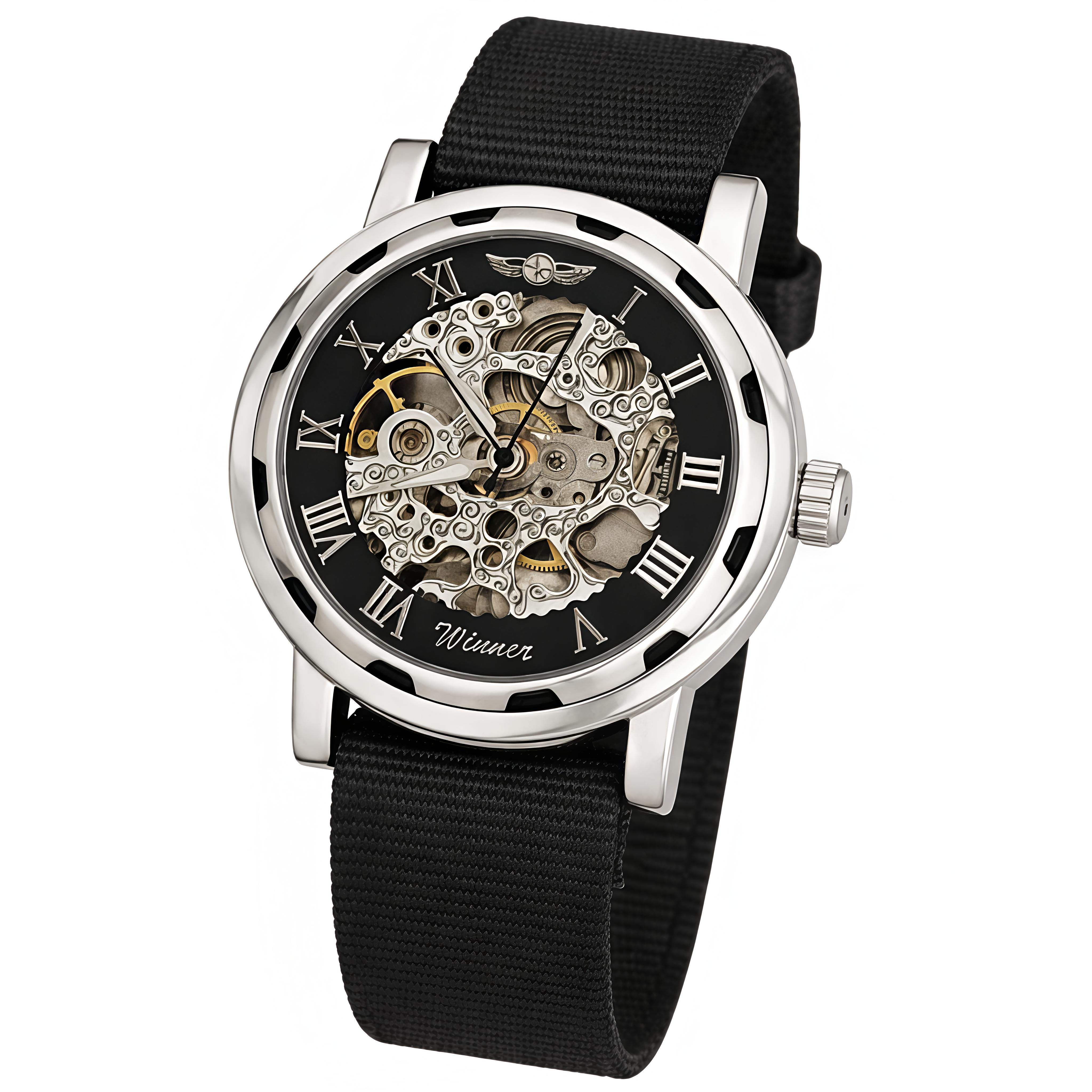 Чоловічий механічний годинник Winner Black Textile Classic 2164 з 2 ремінцями — фото 2