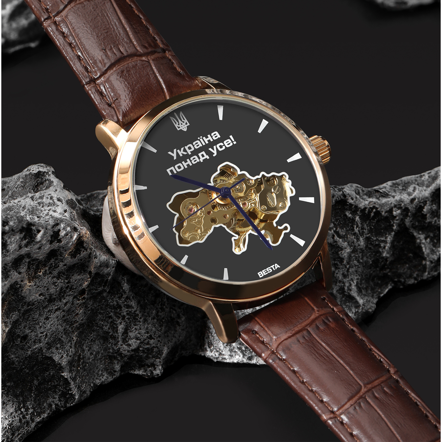 Чоловічий годинник Besta Skeleton Gold Black Metal 2162 з автозаводом і 2 ремінцями — фото 4