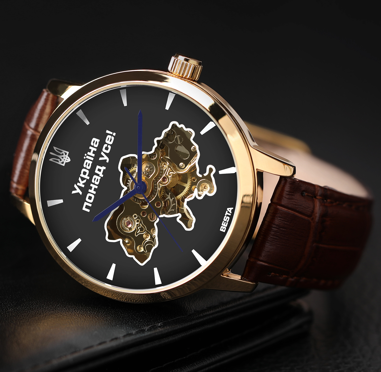 Чоловічий годинник Besta Skeleton Gold Black Metal 2162 з автозаводом і 2 ремінцями — фото 5