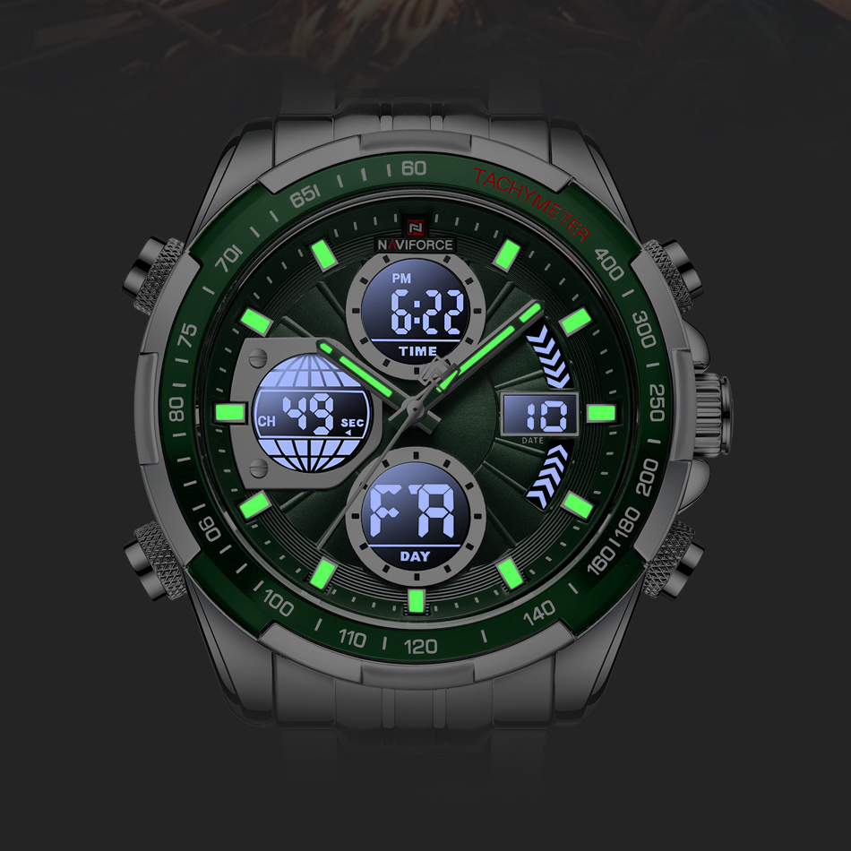 Чоловічий годинник Naviforce Fly Steel 2114 зі сталевим браслетом і темно-зеленим циферблатом — фото 10