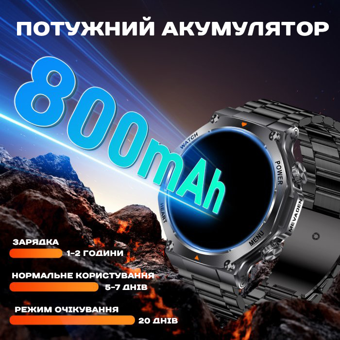 UWatch Smart Mevaden Ultra Rubber 1.7 IPS, чорний сталевий корпус, 2 ремінці — фото 5