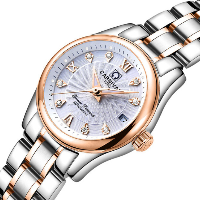 Жіночий механічний годинник Carnival White 8709 зі сріблястим браслетом — фото 1