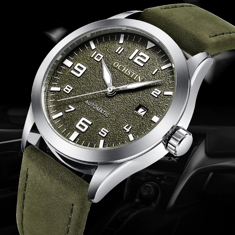 Чоловічий годинник Ochstin Military 8908 з автозаводом і темно-зеленим циферблатом — фото 1