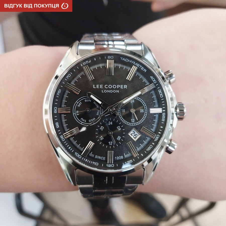 Чоловічий годинник Lee Cooper Fenix Black 1981, 44 мм, сріблястий браслет — фото 8