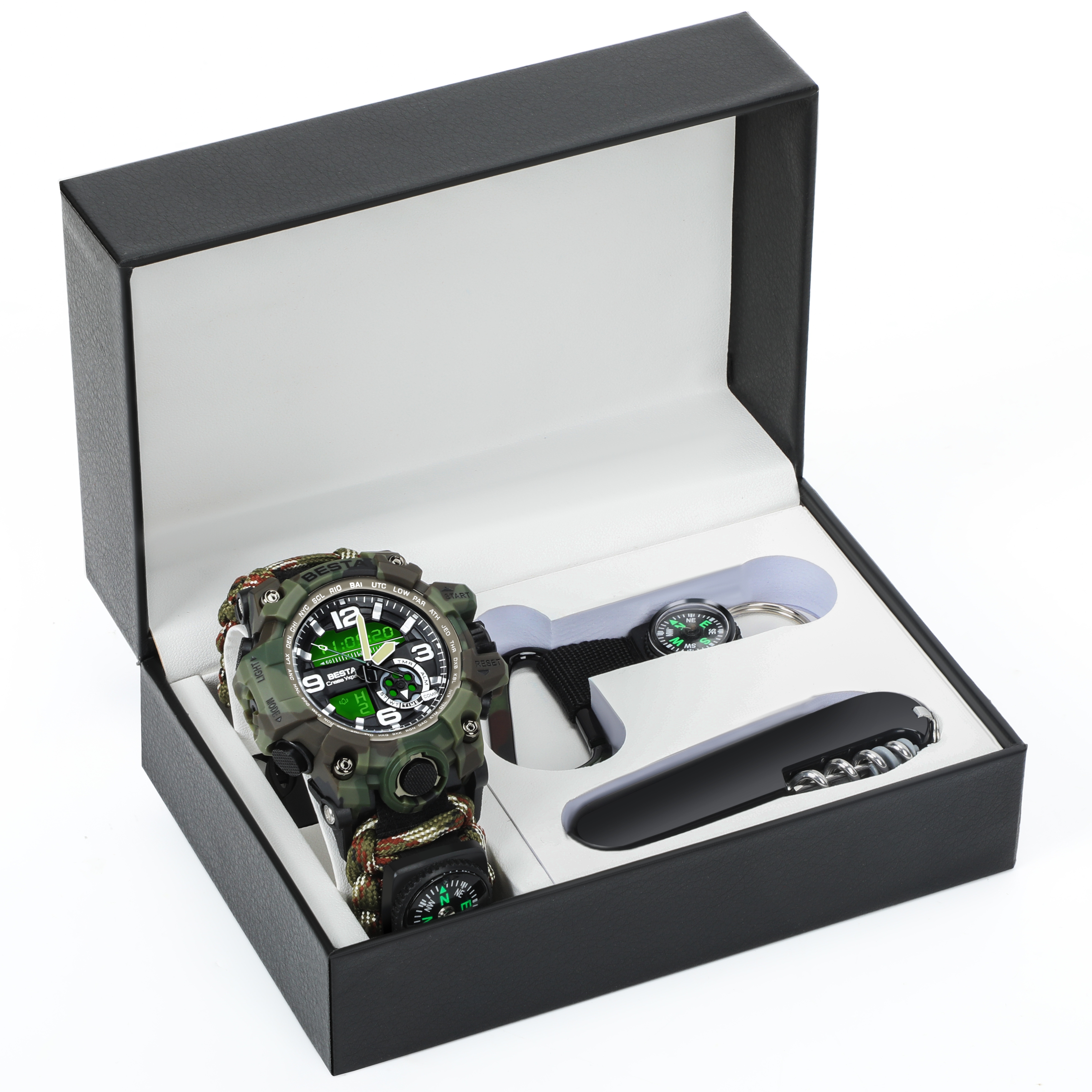 Чоловічий тактичний годинник Besta Box Military Set 1888 з компасом, мілітарі — фото 1