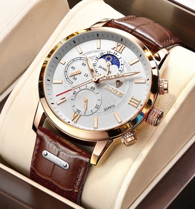 Чоловічий годинник Lige Signature 8104, кварцовий, золотистий корпус, коричневий ремінець — фото 2