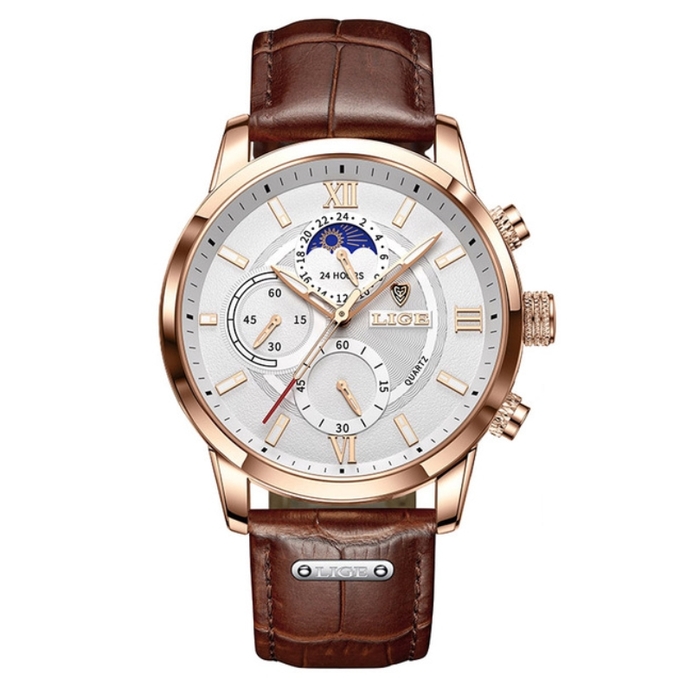 Чоловічий годинник Lige Signature 8104, кварцовий, золотистий корпус, коричневий ремінець — фото 4