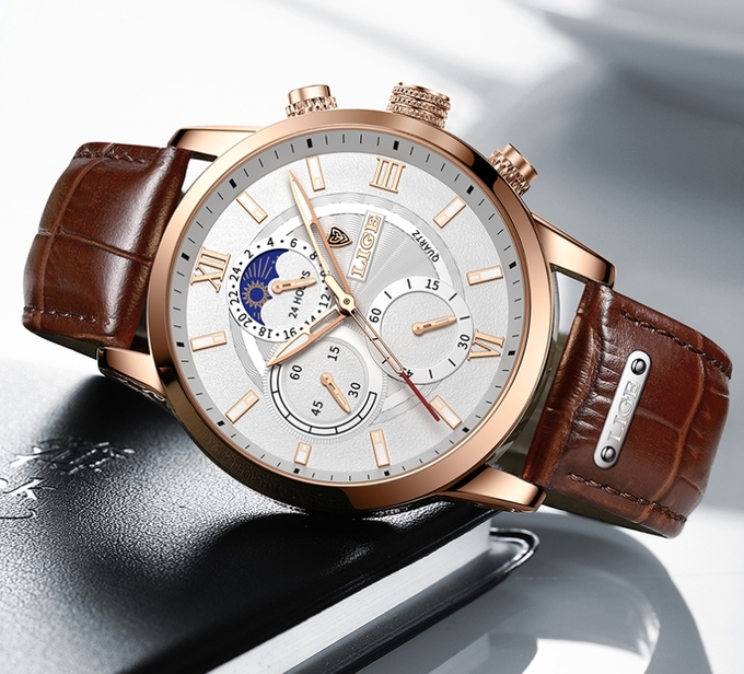 Чоловічий годинник Lige Signature 8104, кварцовий, золотистий корпус, коричневий ремінець — фото 7