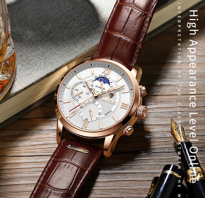 Чоловічий годинник Lige Signature 8104, кварцовий, золотистий корпус, коричневий ремінець — фото 8