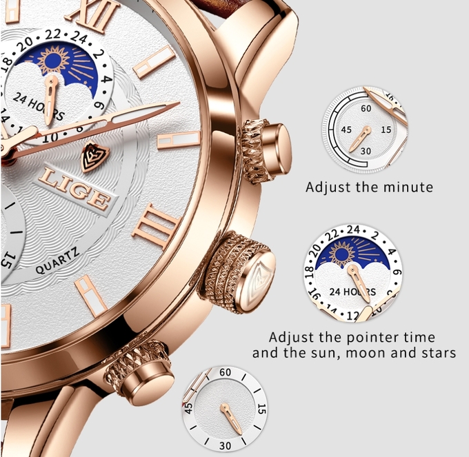 Чоловічий годинник Lige Signature 8104, кварцовий, золотистий корпус, коричневий ремінець — фото 9