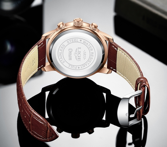 Чоловічий годинник Lige Signature 8104, кварцовий, золотистий корпус, коричневий ремінець — фото 10