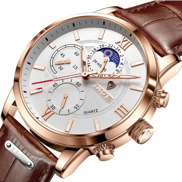 Чоловічий годинник Lige Signature 8104, кварцовий, золотистий корпус, коричневий ремінець