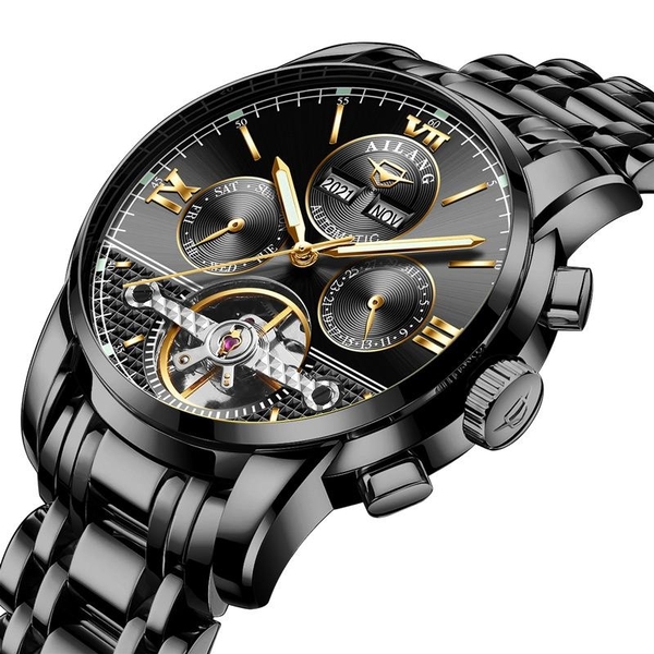 Чоловічий годинник Ailang Classic 8903 механічний, чорний сталевий браслет — фото 1