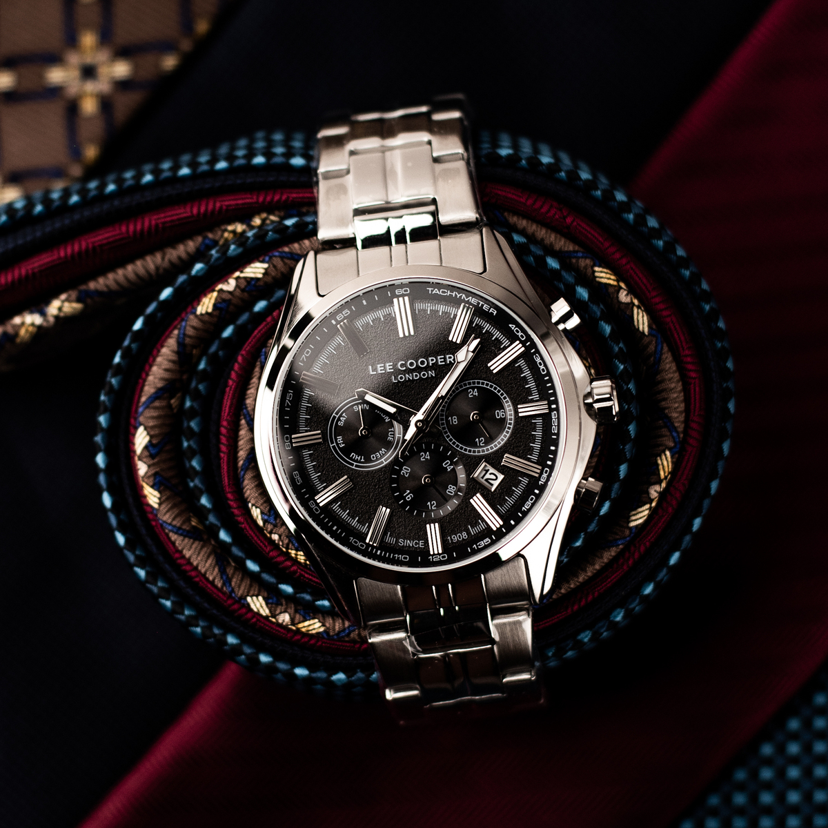 Чоловічий годинник Lee Cooper Fenix Black 1981, 44 мм, сріблястий браслет — фото 4