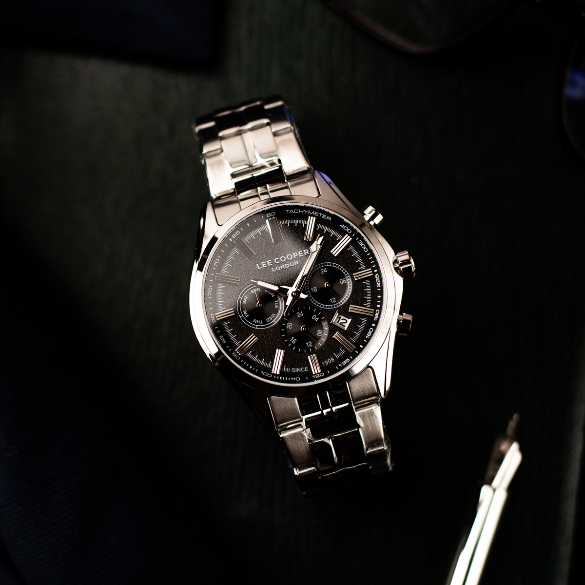 Чоловічий годинник Lee Cooper Fenix Black 1981, 44 мм, сріблястий браслет — фото 6