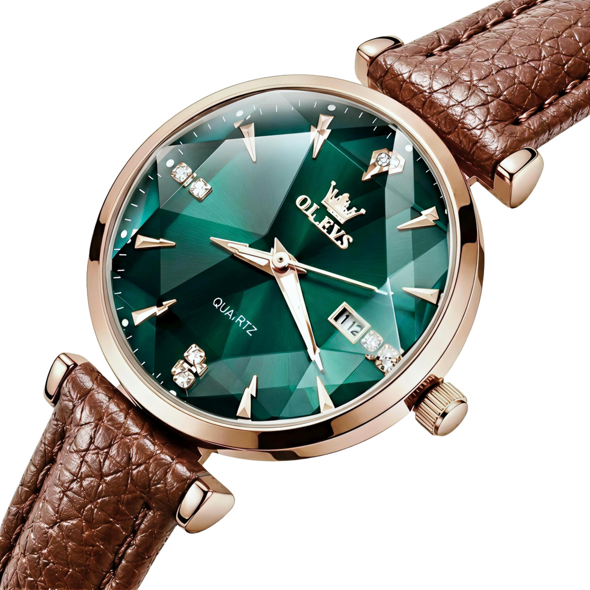 Жіночий годинник Olevs Diamond Leather Brown 2515 із зеленим циферблатом і 2 ремінцями — фото 1