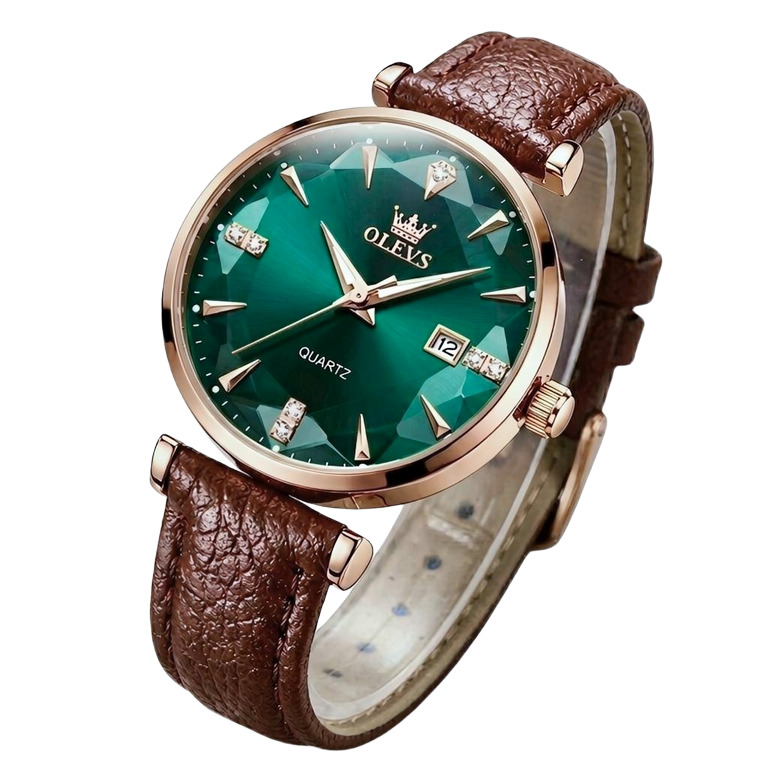 Жіночий годинник Olevs Diamond Leather Brown 2515 із зеленим циферблатом і 2 ремінцями — фото 2