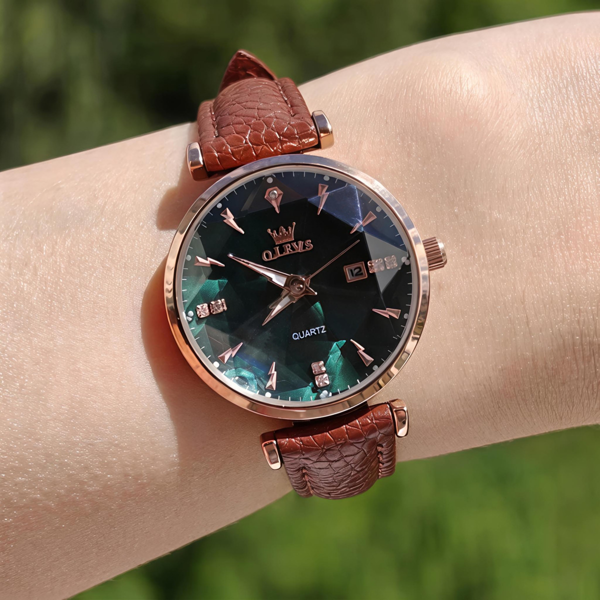 Жіночий годинник Olevs Diamond Leather Brown 2515 із зеленим циферблатом і 2 ремінцями — фото 7