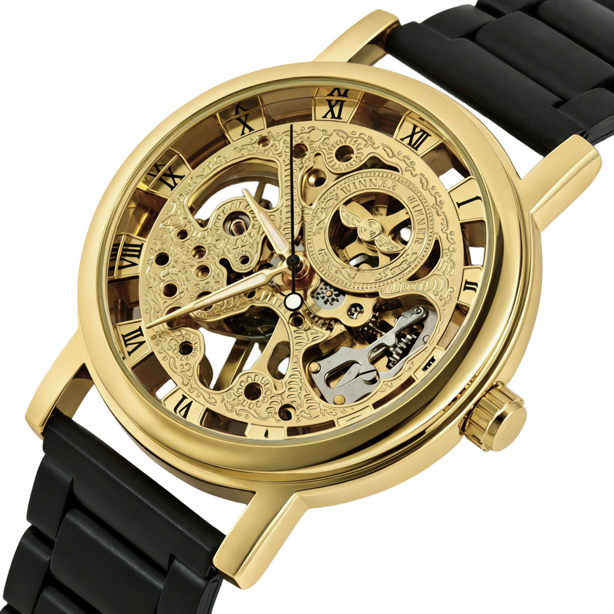 Чоловічий механічний годинник Winner Gold Metal Black з двома ремінцями — фото 1