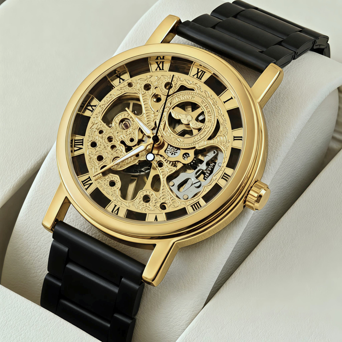 Чоловічий механічний годинник Winner Gold Metal Black з двома ремінцями — фото 2