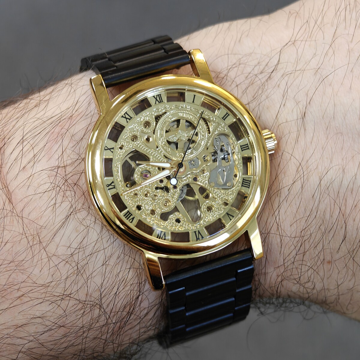 Чоловічий механічний годинник Winner Gold Metal Black з двома ремінцями — фото 7