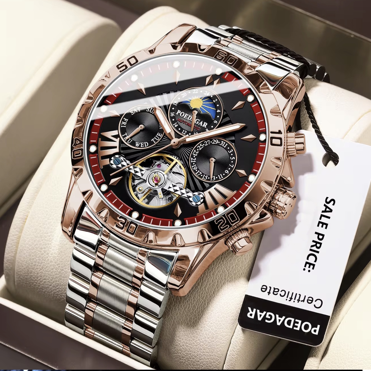 Чоловічий годинник Poedagar Mechanical 1731 з автозаводом і чорним циферблатом — фото 1