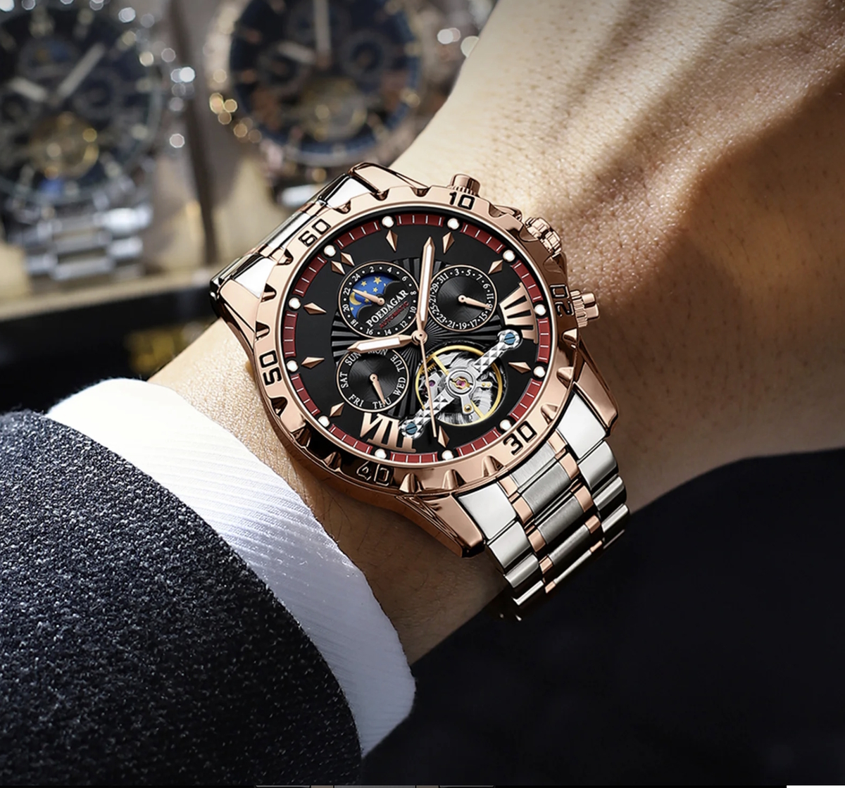 Чоловічий годинник Poedagar Mechanical 1731 з автозаводом і чорним циферблатом — фото 5