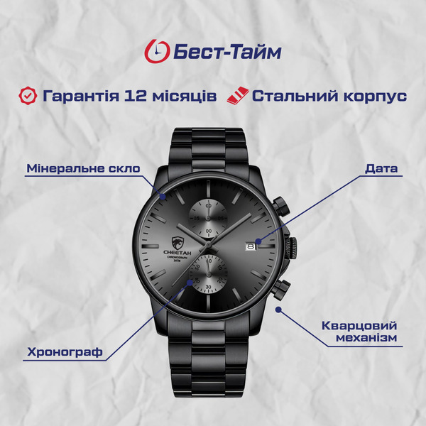 Чоловічий годинник Cheetah Mars Black 8501 з японським механізмом Miyota, чорний — фото 5