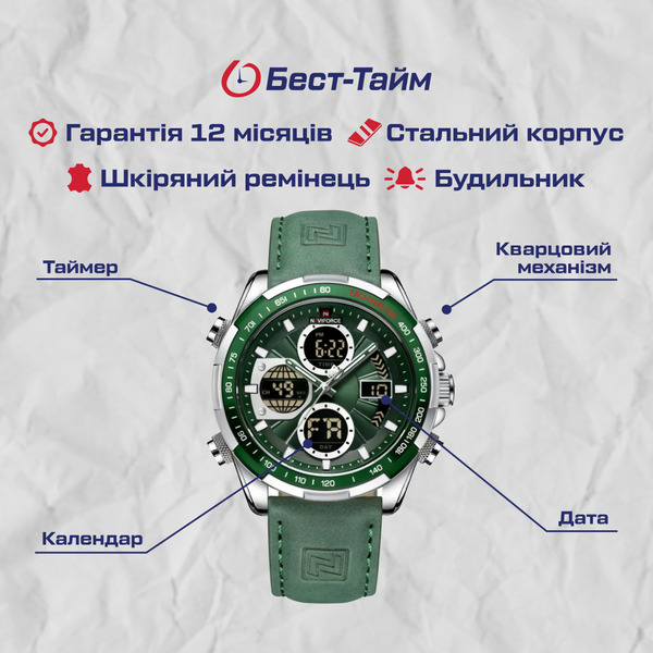 Чоловічий годинник Naviforce Fly ArmyGreen 9545 з японським кварцовим механізмом Seiko — фото 5