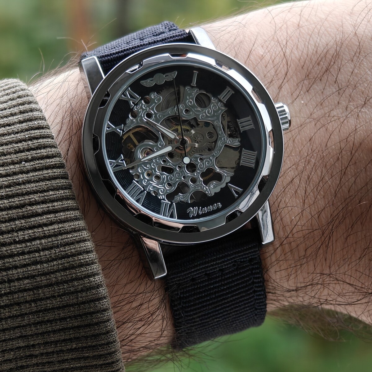 Чоловічий механічний годинник Winner Black Textile Classic 2164 з 2 ремінцями — фото 7