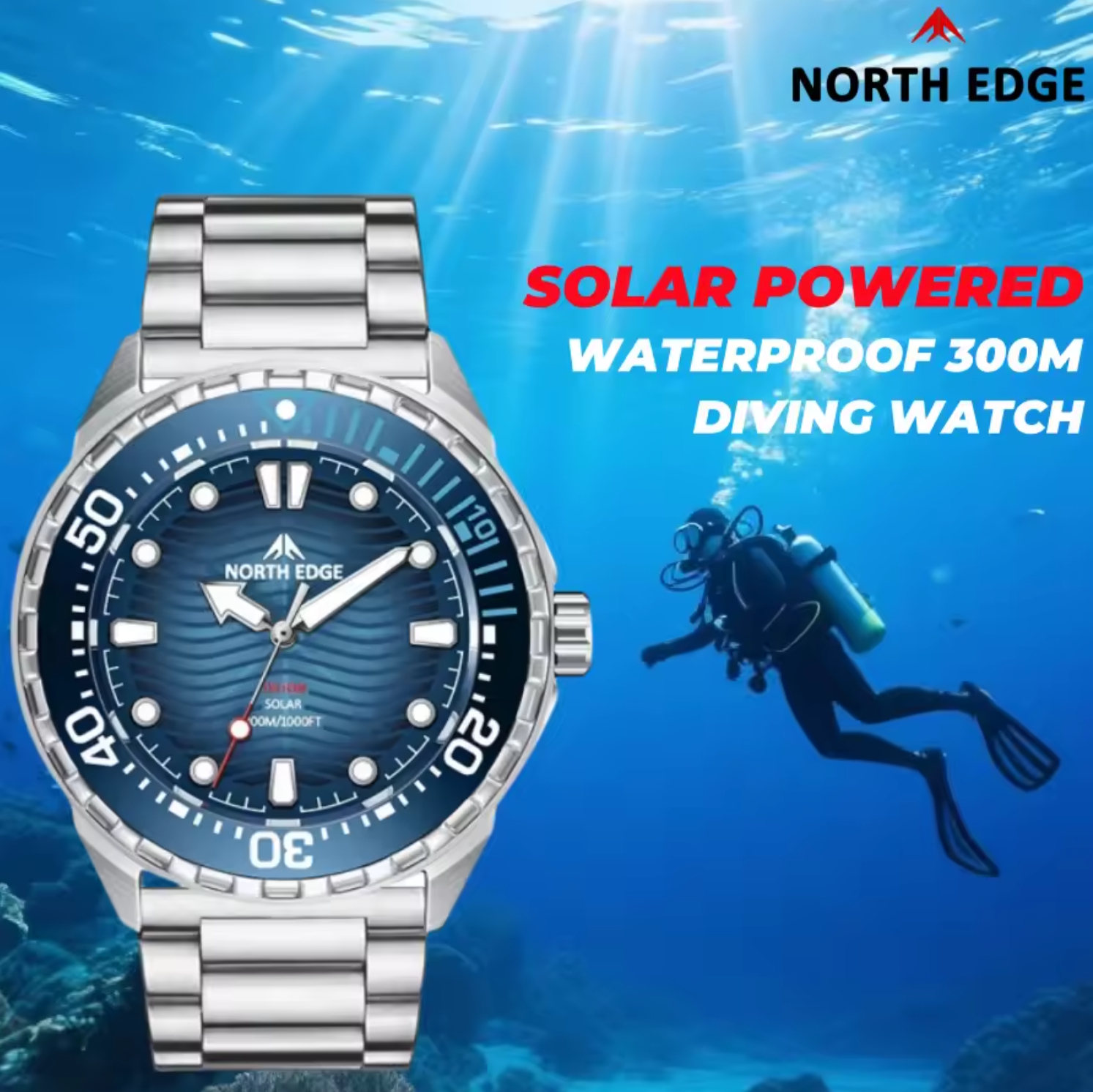 Чоловічий годинник North Edge Triton 30 Bar 42 мм із сонячною батареєю — фото 2