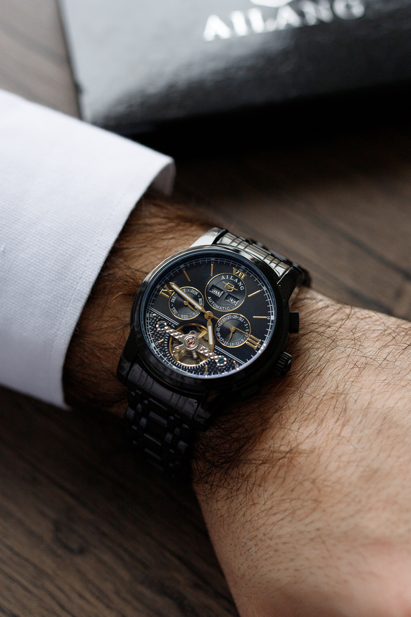 Чоловічий годинник Ailang Classic 8903 механічний, чорний сталевий браслет — фото 9