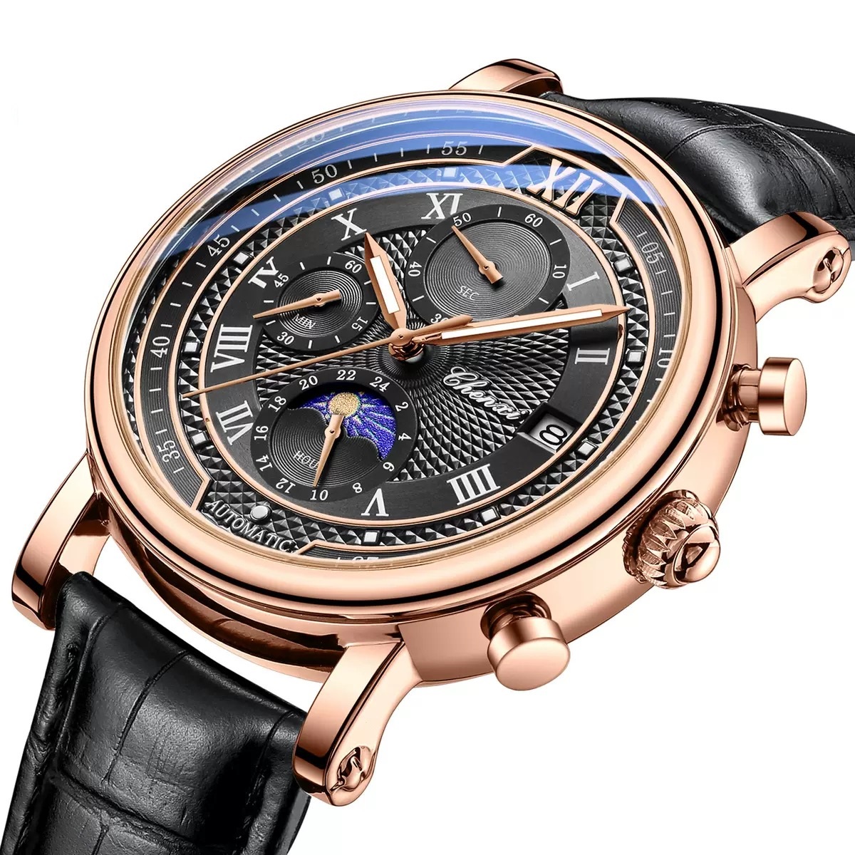 Чоловічий годинник Chenxi Patek 2310 з чорним циферблатом і шкіряним ремінцем — фото 1