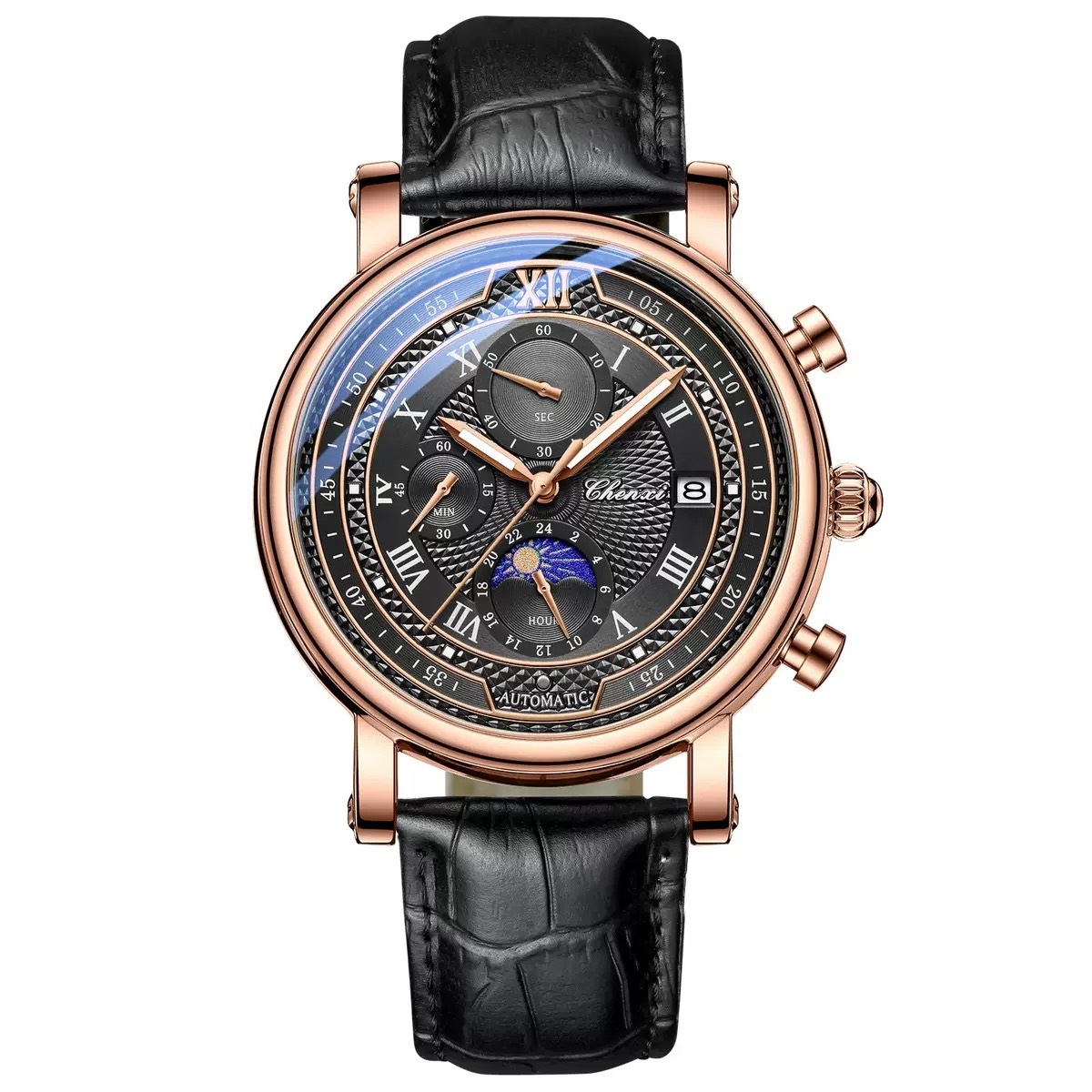 Чоловічий годинник Chenxi Patek 2310 з чорним циферблатом і шкіряним ремінцем — фото 2