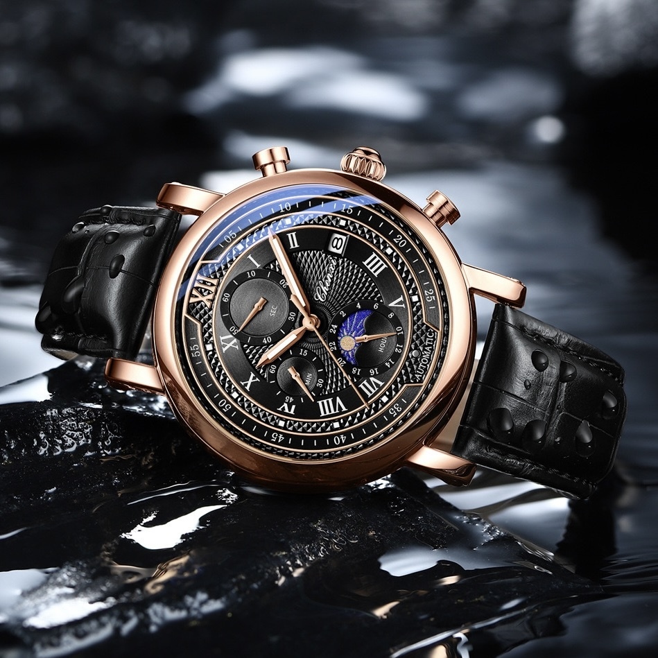 Чоловічий годинник Chenxi Patek 2310 з чорним циферблатом і шкіряним ремінцем — фото 3