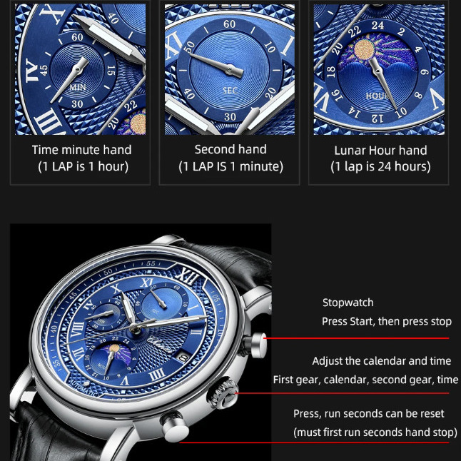 Чоловічий годинник Chenxi Patek 2310 з чорним циферблатом і шкіряним ремінцем — фото 4